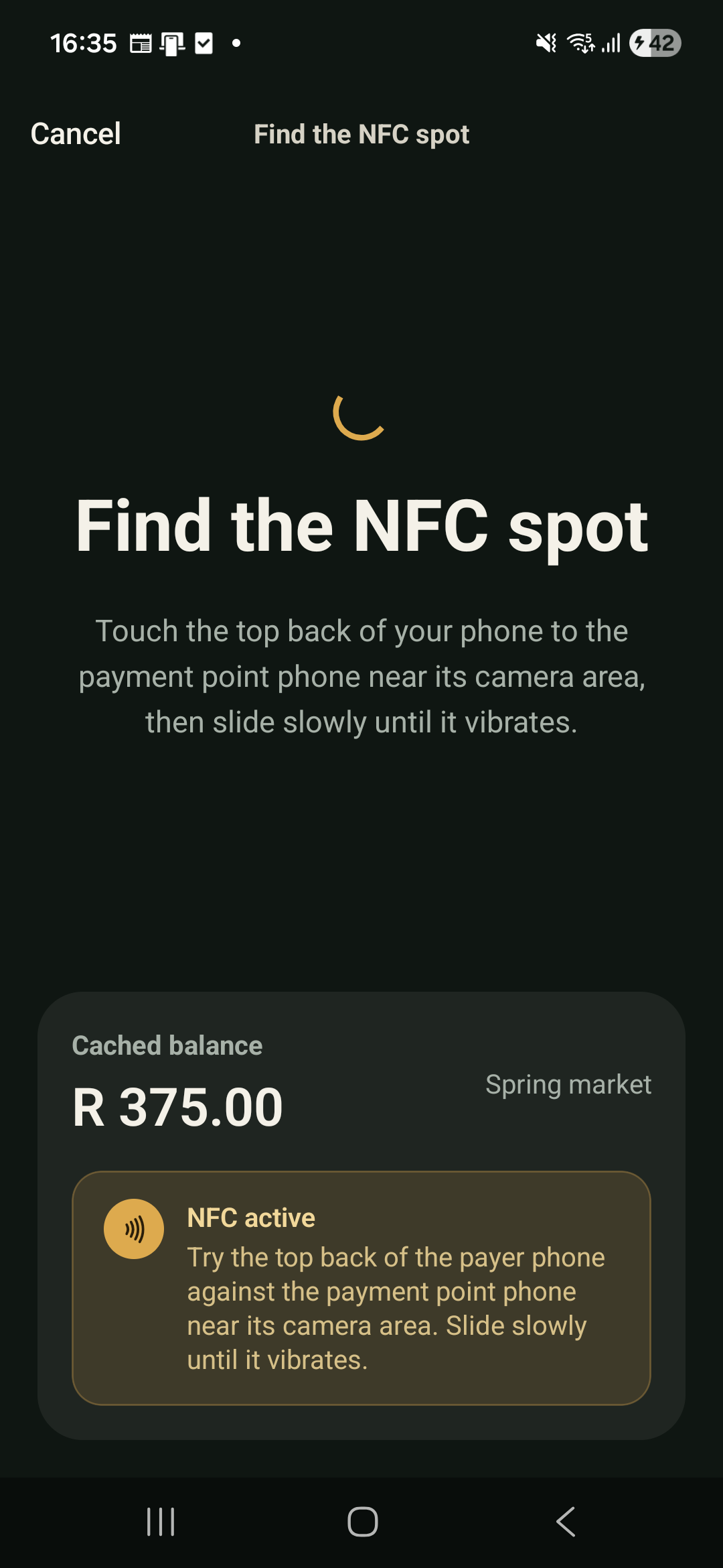 Current dark-theme Blitza Payer app finding the NFC spot for a phone-to-phone tap payment