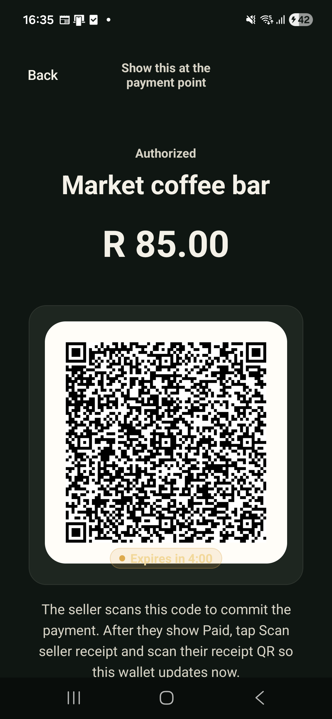 Current dark-theme Blitza Payer app showing a short-lived QR authorisation for the seller to scan