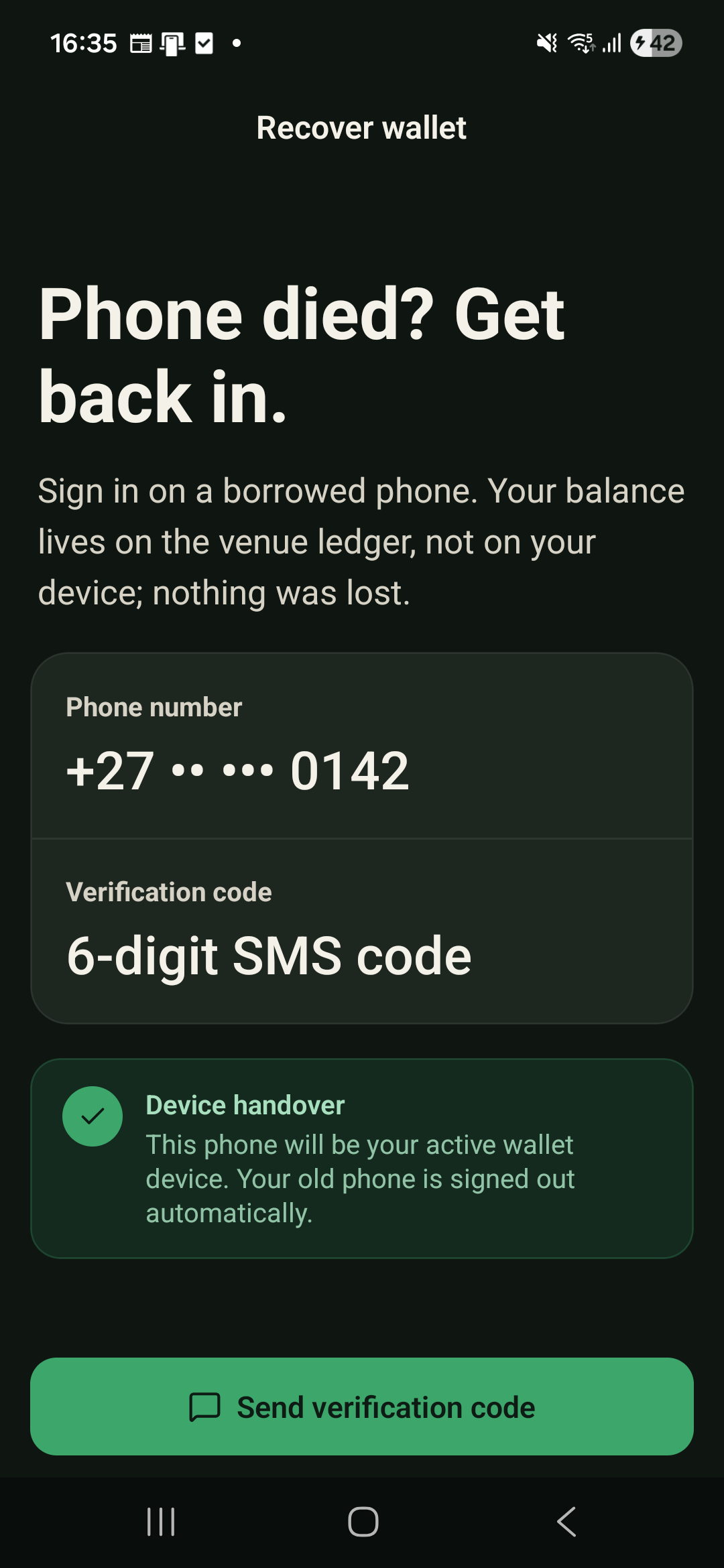 Current dark-theme Blitza Payer app wallet recovery screen on a borrowed phone