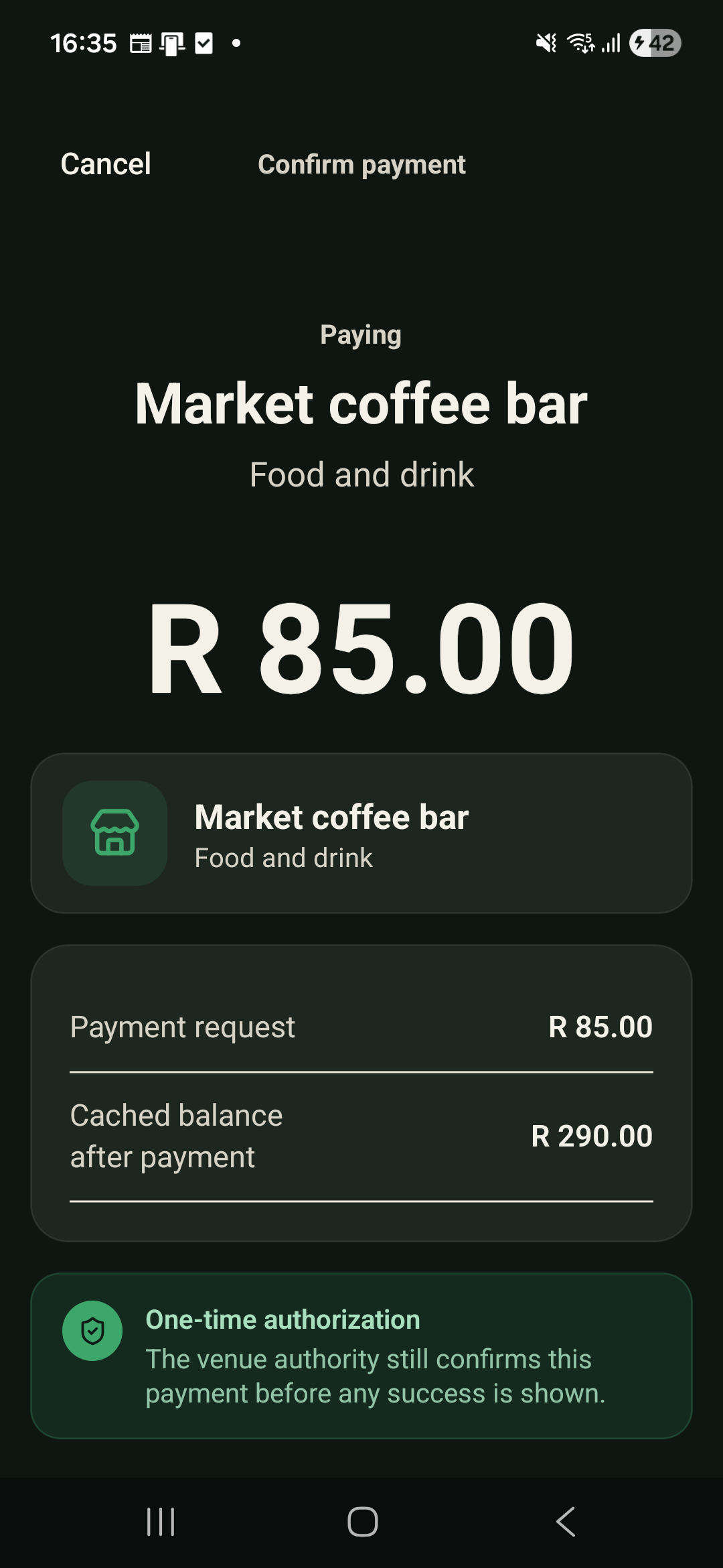 Blitza payment confirmation showing the amount, seller, remaining balance and one-time authorisation